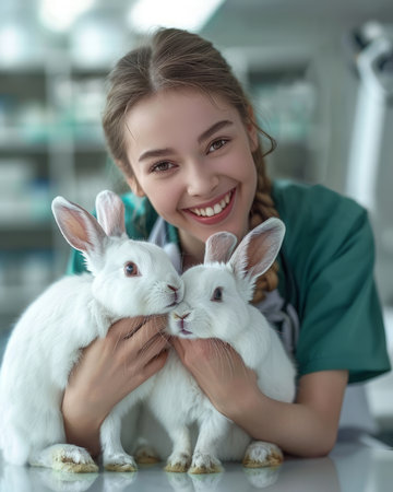 Compassionate veterinarian interacts with adorable rabbits, highlighting the joy and dedication inherent in veterinary medicine AI Generativeの素材