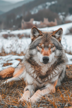 A majestic wolf with piercing eyes, lying in a snowy meadow The backdrop of a distant mountain range adds to the wild and untamed beauty of this powerful creature  This photo is perfect for nature lovers, wildlife enthusiasts, and anyone seeking a touch of wilderness in their life AI Generativeの素材