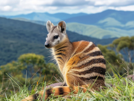 A striped, long-tailed quoll sits on a grassy knoll, gazing out at a misty mountain range This photo captures the captivating wildness of this unique marsupial  The photo is taken from a low angle, emphasizing the quoll's alertness and the majestic backdrop AI Generativeの素材
