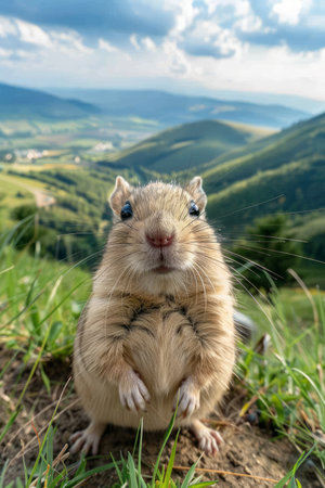 A cute little hamster standing on its hind legs, looking directly at the camera with a mountain backdrop The hamster is in a field of grass and the sky is blue with white clouds It&#39;s a perfect photo for anyone who loves animals or nature AI Generativeの素材