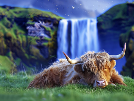 A Highland cow rests peacefully in front of a majestic waterfall, bathed in the soft glow of twilight The serene scene captures the beauty of nature and the tranquility of rural life AI Generativeの素材