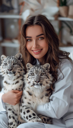 A beaming woman basks in the warm embrace of two majestic snow leopards in a serene indoor haven This heartwarming scene exemplifies the extraordinary bond between humans and wildlife, inspiring conservation efforts and highlighting the importance of creating harmonious environments for all creatures AI Generativeの素材