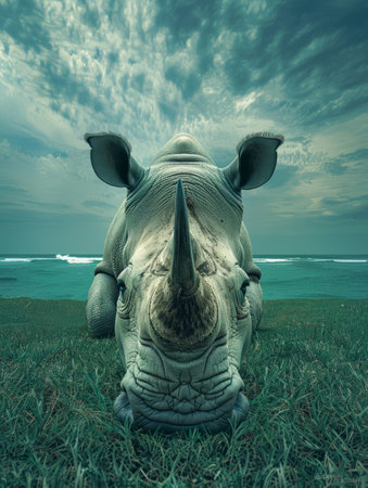 A majestic white rhinoceros stares intensely at the camera, its large horn prominent against a backdrop of crashing waves and a dramatic sky This powerful image evokes the raw beauty and endangered status of these magnificent creatures AI Generativeの素材