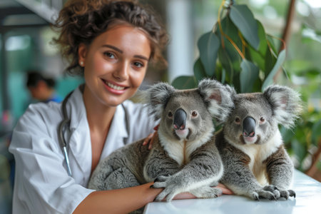 A compassionate young veterinarian radiates joy as she tenderly holds two adorable koalas in a wildlife sanctuary, symbolizing her unwavering commitment to animal care, conservation, and the heartwarming bond between humans and wildlife AI Generativeの素材