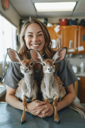 A heartwarming scene unfolds in a veterinary clinic, where a compassionate veterinarian beams with joy while cradling two darling baby deer in her arms Immerse yourself in the realm of wildlife care and rehabilitation, as this dedicated caretaker offers a lifeline to these precious creatures, promising a brighter and healthier future AI Generativeの素材