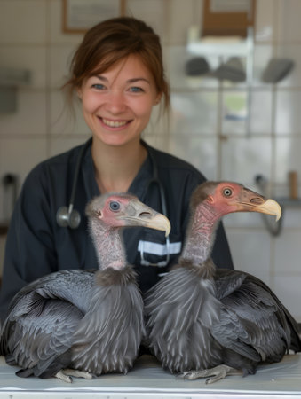 Witness the compassionate care of a dedicated veterinarian as they nurture two critically endangered California condors back to health in a specialized wildlife rehabilitation center The veterinarian&#39;s expertise and unwavering commitment are essential for the survival of these majestic birds, ensuring the preservation of their legacy in the ecosystem AI Generativeの素材