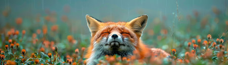 A red fox rests in a field of wildflowers, basking in the warm sun Its eyes are closed, and its expression is peaceful The soft light of the sun creates a dreamy atmosphere AI Generativeの素材