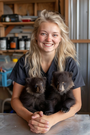 A compassionate young veterinarian beams with joy as she cradles two adorable baby bears in a wildlife rescue center Her caring demeanor and sheltered surroundings foster a nurturing environment for the orphaned cubs AI Generativeの素材