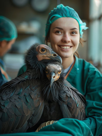 A veterinarian smiles amidst vultures, showcasing wildlife rehabilitation efforts This close-up captures a heartwarming moment in an animal care facility, underscoring the human-animal bond, conservation, and environmental awareness AI Generativeの素材