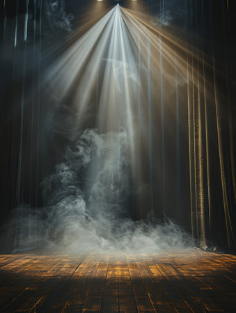 A darkly lit stage, wreathed in an eerie fog, is spotlit by sharp beams of light The scene is mesmerizing, evoking a sense of mystery and wonder AI Generativeの素材
