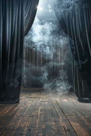 As darkness envelopes the theater, a profound hush descends A stage entrance veiled in opaque smoke emerges from the shadows, tantalizingly obscured Rich burgundy curtains, weighted with anticipation, hang motionless, promising an extraordinary spectacle to unfold The air crackles with the promise of captivating storytelling and artistic brilliance AI Generativeの素材