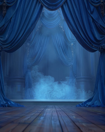 Immerse yourself in an enigmatic theater realm adorned with billowing blue curtains The smoke-filled atmosphere envelops the stage, creating a captivating ambiance that evokes mystery and wonder Perfect for designs and visuals that embody the captivating essence of drama, theater, and performance AI Generativeの素材