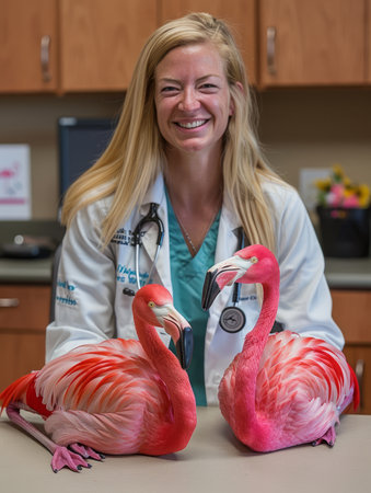 In a clinical setting, a skilled veterinarian tends to a pair of majestic pink flamingos This image highlights the critical role of veterinary medicine in safeguarding exotic birds and promoting wildlife conservation The veterinarian&#39;s expertise and compassion ensure the well-being of these extraordinary creatures, fostering a bond between humans and animals in the pursuit of preserving our natural world AI Generativeの素材