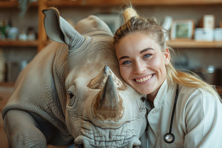 In the depths of a wildlife sanctuary, a profound bond unfolds between a compassionate veterinarian and an orphaned rhino Their daily encounters are captured in heartwarming images depicting the trust, care, and love that unite them in their shared journey for the animal&#39;s well-being AI Generativeの素材