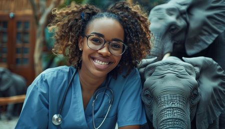 A jubilant healthcare professional, clad in crisp blue scrubs, beams with joy amidst a serene natural backdrop Lifelike elephant statues stand majestically nearby, embodying the tranquility and compassion of the medical field The professional&#39;s radiant smile exudes warmth and reassurance, capturing the essence of empathy and dedication in healthcare AI Generativeの素材