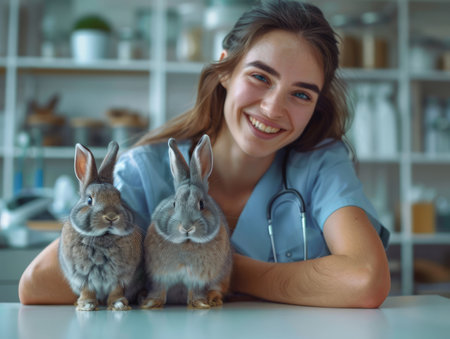 A compassionate veterinarian kneels down to check on two adorable rabbits in a cozy clinic setting, exuding empathy and expertise in animal care The warm and inviting atmosphere highlights the veterinarian&#39;s dedication to providing exceptional care to her furry patients AI Generativeの素材