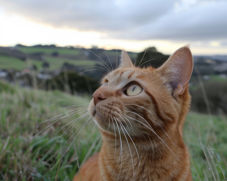 A ginger tabby cat with green eyes sits in a field of green grass, looking up at the sky The background is a blurry view of rolling hills and a cloudy sky The photo is taken at a low angle, showing the cat&#39;s face and whiskers in detail AI Generativeの素材
