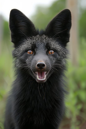 A black fox with large ears and bright eyes, looking directly at the camera with a playful expression The fox&#39;s fur is sleek and shiny, and its nose is pink  The background is a soft green, creating a natural and beautiful setting AI Generativeの素材