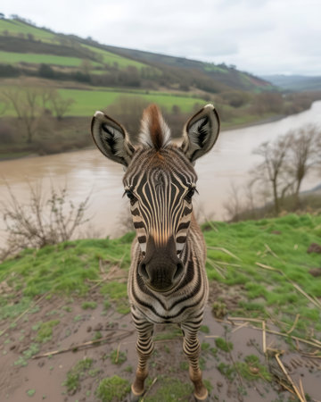 A curious zebra stares directly at the camera with a river and rolling hills in the background The zebra is standing on a grassy hill The photo is taken from a low angle, making the zebra appear large and imposing  The zebra&#39;s black and white stripes are clearly visible AI Generativeの素材