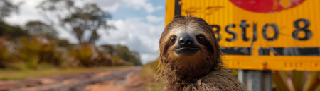 A close-up portrait of a sloth in the rainforest, with a yellow sign in the background  The sloth is looking directly at the camera  The image is perfect for nature, animal, and travel themes AI Generativeの素材