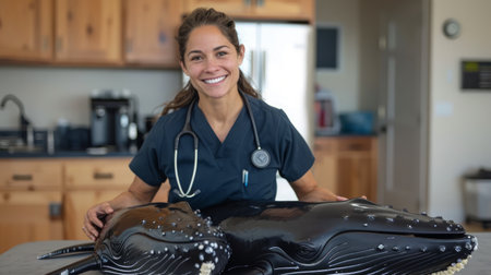 A dedicated veterinarian, radiating warmth and professionalism, holds a small animal model in a state-of-the-art clinic Surrounded by advanced veterinary equipment, their compassionate gaze reflects the essence of modern pet healthcare, ensuring the well-being and happiness of animals under their care AI Generativeの素材