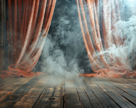 Vivid imagery of an enchanted theater stage unfolds before your eyes Crimson velvet curtains, adorned with intricate gold embellishments, hang like a mystical veil, summoning an air of mystery Wisps of smoke dance upon the rustic wooden floor, casting an ethereal glow upon the scene The perfect backdrop for spooky tales, fantasy adventures, and breathtaking art AI Generativeの素材