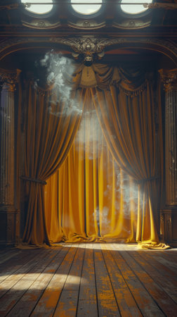 Dramatic golden stage curtains illuminate a timeless theater setting Rich fabrics, intricate details, and ambient lighting create an atmosphere of theatrical wonder and vintage glamour Capture the essence of performance art and the captivating imagery of past productions within this captivating scene AI Generativeの素材