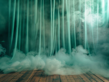Unveil the allure of a mystical stage, where enigmatic green curtains frame a realm of enchantment Swirling smoke dances through the air, casting an ethereal glow upon the concealed wonders that await discovery Immerse yourself in the theatrical spectacle, where imagination takes flight and the boundaries of reality blur AI Generativeの素材