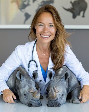 Capture the tender moment as a dedicated veterinarian beams with joy while cradling a pair of baby rhinos, exemplifying the unwavering compassion and commitment of modern veterinary practices to preserving endangered wildlife AI Generativeの素材