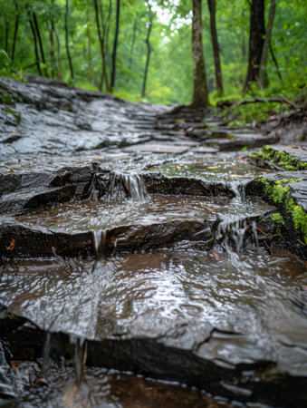 Witness the mesmerizing beauty of a majestic forest waterfall cascading down rugged rock formations amid a verdant rainforest This serene scene invites you to immerse yourself in nature&#39;s tranquility, inspiring awe and tranquility Its captivating flow and lush surroundings make it an ideal destination for nature enthusiasts and photographers seeking breathtaking natural wonders AI Generativeの素材