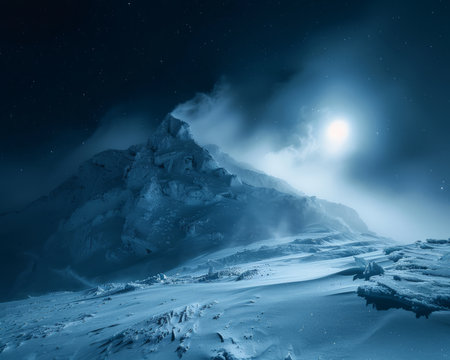 In a serene night sky, the majestic snow-covered mountain peak stands tall and proud, cloaked in a blanket of pure white under the gentle glow of a full moon Wispy clouds, illuminated by the moonlight, dance gracefully around the summit, creating a breathtaking celestial tapestry AI Generativeの素材