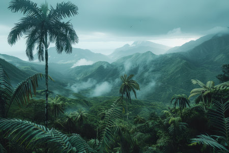 Immerse yourself in a serene natural paradise where lush tropical rainforest meets towering mountains Misty clouds dance above dense greenery, casting an ethereal glow on towering palm trees The air is alive with the symphony of wildlife, creating a tranquil ambiance that invites you to lose yourself in the embrace of nature&#39;s beauty AI Generativeの素材