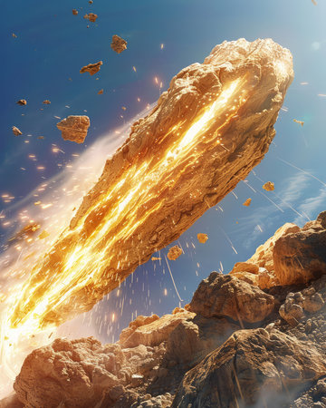 Behold the awe-inspiring impact of a blazing meteor piercing rocky terrain, captured in breathtaking detail Witness the cosmic spectacle as incandescent fragments dance across the sky, leaving an indelible mark on the landscape AI Generativeの素材