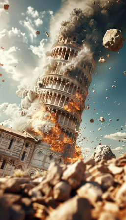 Witness the catastrophic collapse of an ancient architectural marvel in this captivating illustration Explosive debris and billowing dust engulf the scene as the massive structure crumbles into ruin, creating a haunting and awe-inspiring spectacle The crumbling walls and shattered columns evoke both the destructive power of time and the resilience of human creation A stunning artistic depiction of disaster and the enduring legacy of history AI Generativeの素材
