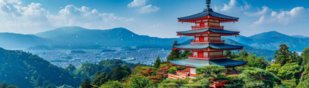 This awe-inspiring aerial shot captures the serene beauty of a traditional Japanese pagoda nestled amidst a majestic mountain landscape The lush greenery and vibrant blue sky create a striking contrast, highlighting the architectural grandeur of the pagoda The tranquil atmosphere and panoramic vista offer a glimpse into the captivating charm of the Japanese countryside AI Generativeの素材