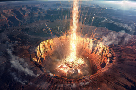 Behold the awe-inspiring moment of a colossal meteor hurtling towards Earth, its impact unleashing an earth-shattering explosion that carves a massive crater This scientifically accurate visualization captures the dramatic collision and its profound impact on our planet, offering a captivating glimpse into the cosmic forces that shaped our world AI Generativeの素材