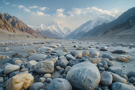 Witness the grandeur of nature as majestic snow-capped mountains rise above a tranquil valley A rocky riverbed meanders through the foreground, reflecting hues of dawn&#39;s soft light Scattered clouds dance across an azure sky, casting ethereal shadows on the serene landscape This captivating panorama encompasses the awe-inspiring beauty and tranquility found only in nature&#39;s embrace AI Generativeの素材