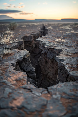 Prepare to be mesmerized by this captivating spectacle! Witness the rugged beauty of a deep earth fissure in a desolate terrain, set ablaze by the turbulent hues of an unsettled sunset As the horizon blurs into a symphony of orange, red, and purple, the fissure emerges from the ground like a mystical portal, promising untold adventures and awe-inspiring discoveries AI Generativeの素材