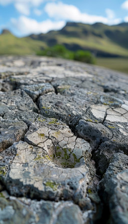 Immerse yourself in the intricate artistry of nature with this captivating close-up of cracked earth The parched surface reveals the raw beauty of its natural texture and formation, while the distant mountains provide an awe-inspiring backdrop, creating a breathtaking scenic landscape Let the earth's story unfold before your eyes as you explore its delicate lines and fissures, a testament to the enduring power of nature's elements AI Generativeの素材