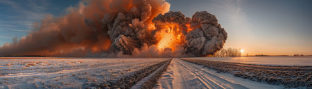 In the hushed serenity of a snow-kissed dawn, a symphony of colors unfolds as the sun ascends, casting an ethereal glow upon the pristine landscape Suddenly, a thunderous explosion erupts in the distance, setting the sky ablaze with vibrant hues that dance and flicker like celestial flames This breathtaking capture encapsulates the awe-inspiring beauty and untamed power of nature in a single, unforgettable moment AI Generativeの素材