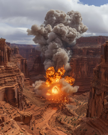 Witness the awe-inspiring spectacle of an explosion illuminating the rugged contours of the Grand Canyon Fiery hues dance amidst towering rock formations, showcasing the raw power of nature&#39;s embrace A symphony of color and wonder unfolds, capturing the essence of untamed beauty and the fragility of geological time AI Generativeの素材