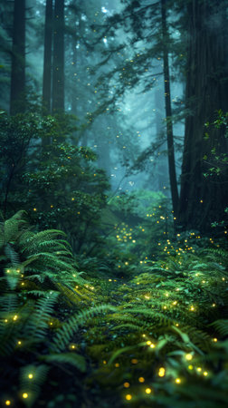 Step into an ethereal forest where twilight casts an enchanting glow, illuminating a pathway adorned with magical fireflies Majestic trees stand tall, their branches laden with lush greenery that whispers secrets in the twilight breeze The air is alive with the mystical beauty of nature, creating a serene atmosphere that captivates the soul AI Generativeの素材