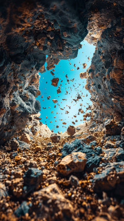 Gaze upon a geological marvel captured in a vertical composition Majestic underground caves adorned with falling rocks contrast against a vibrant blue sky peeking from the chasm, symbolizing the harmonious interplay between nature&#39;s pristine beauty and the wonders of geological formations This captivating image evokes the awe-inspiring power of nature&#39;s creation AI Generativeの素材