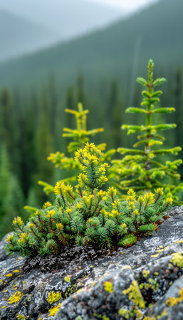 Witness the epitome of nature&#39;s resilience as vibrant evergreen seedlings emerge amidst the verdant tapestry of a moss-laden rock Set against a backdrop of ethereal mountain mist, this serene landscape captures the indomitable spirit of life burgeoning even in the most challenging environments, offering a tranquil respite from the mundane AI Generativeの素材