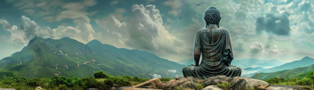Tranquil sanctuary revealed in this captivating image where a serene Buddha statue stands majestically, its gaze fixed on the vast mountain range below, enveloped in a tapestry of clouds that stretches towards the heavens Nature&#39;s embrace soothes the soul, creating a symphony of peace and serenity that invites contemplation and inner harmony AI Generativeの素材