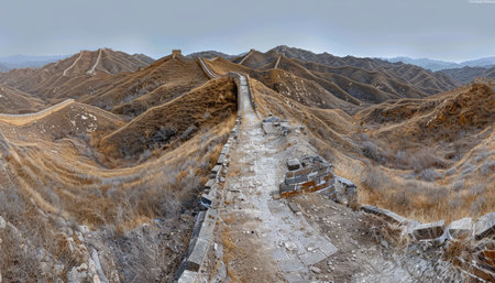Behold the grandeur of the Great Wall of China, its ancient fortifications majestically winding through snow-laden hills The panorama captures the wall&#39;s rugged beauty, revealing its historical significance against a backdrop of serene winter landscapes, inviting viewers to journey into the past and marvel at this architectural wonder AI Generativeの素材