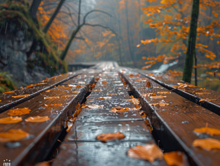 Capture the ethereal beauty of autumn with this stunning photo of a railway track meandering through a misty forest carpeted in vibrant orange and yellow foliage The gloomy sky adds a touch of serenity to the scene, creating an unforgettable image of nature&#39;s transition AI Generativeの素材