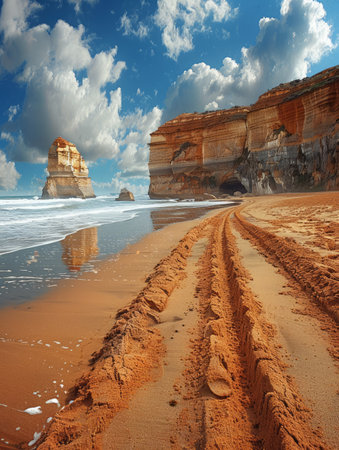 Capture the raw beauty of towering coastal cliffs and a sandy beach adorned with tire tracks The vibrant sky above creates a dramatic backdrop for the rugged rock formations and rolling ocean waves, adding a captivating layer of serenity to this scenic seaside landscape AI Generativeの素材