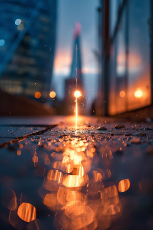 An incandescent burst of energy crackles amidst the slick cityscape, casting ethereal reflections onto towering skyscrapers The urban environment transforms into a mesmerizing canvas adorned with neon lights, creating a symphony of colors and textures that dance across the wet pavement This captivating capture encapsulates the vibrant collision between nature&#39;s raw power and the modern architectural marvel of the city at twilight AI Generativeの素材