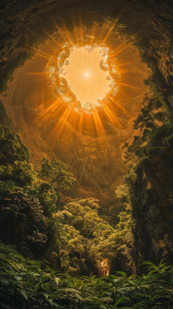 Immerse yourself in the ethereal beauty of an enchanted forest, where sunlit caverns illuminate a hidden ecosystem Lush greenery unfurls, casting an emerald glow upon the forest floor Mystical elements weave throughout the scene, creating an enchanting ambiance Rays of sunlight pierce the canopy, illuminating a secret world of wonders This captivating image transports you to a realm of fantasy and tranquility AI Generativeの素材